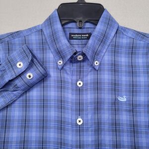 Southern Marsh Youth Medium Blue Plaid Button Down Shirt Long Sleeve Logo